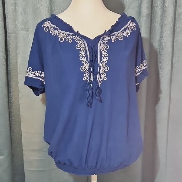 Notations Navy Blue 100% Cotton Peasant Blouse with White Detailing Size Small - Picture 1 of 7